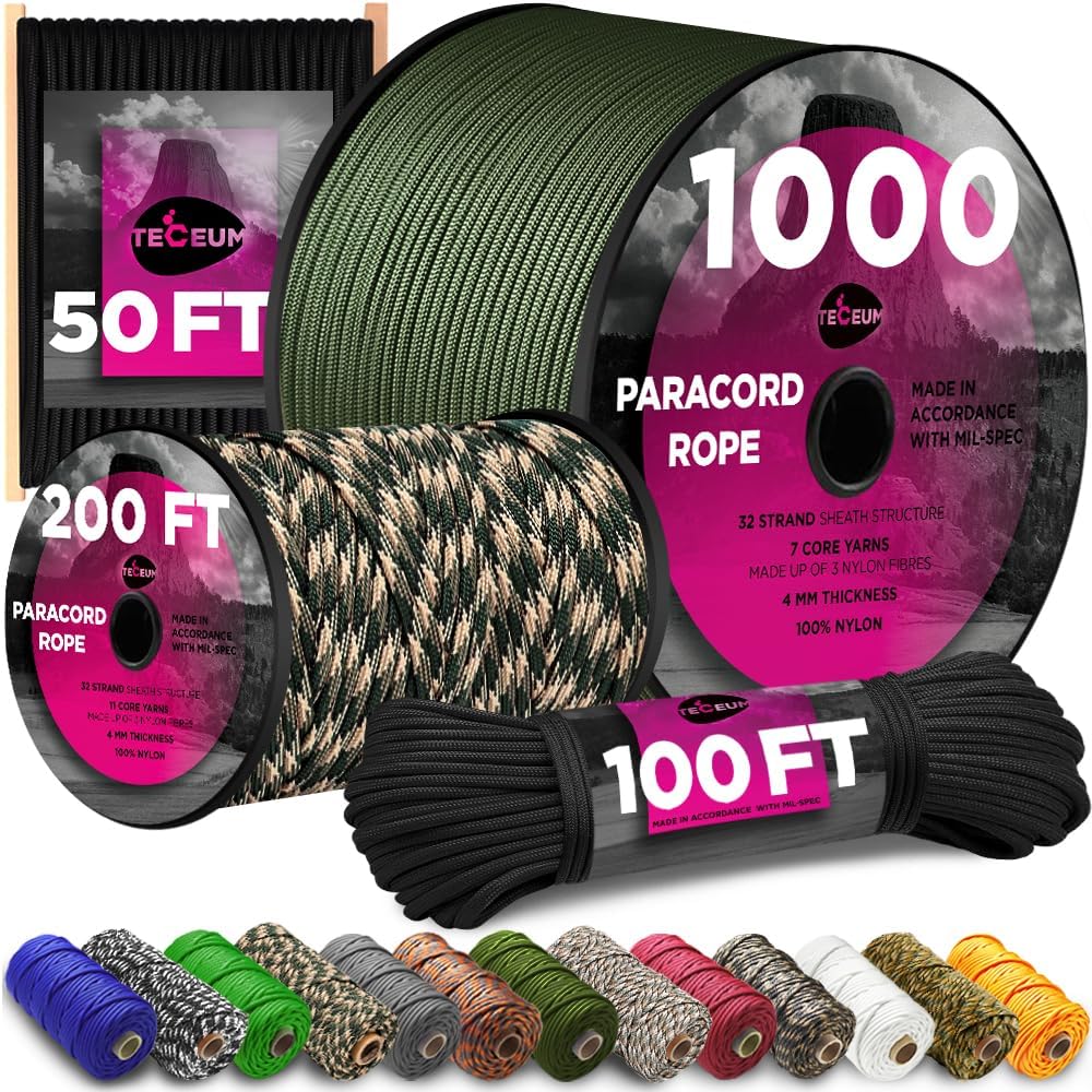 Para Cord 1000Ft - 750 lb Paracord Rope 1000ft/200ft/120ft/100ft/50ft -